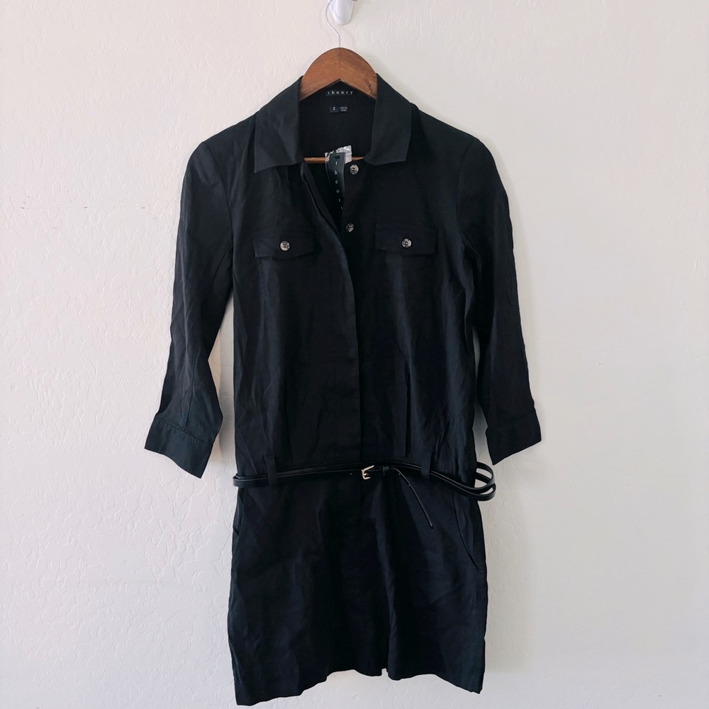 Theory NWT Women’s Kadrian Black Button-Up Dress with Waist Belt Size 2 Linen